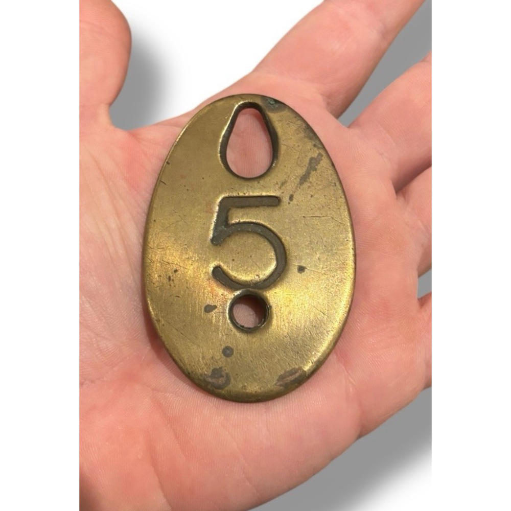 Vintage Number 5 Tag Brass Metal Fob Antique Cattle Tag Cow Tag Large Square - Picture 2 of 2